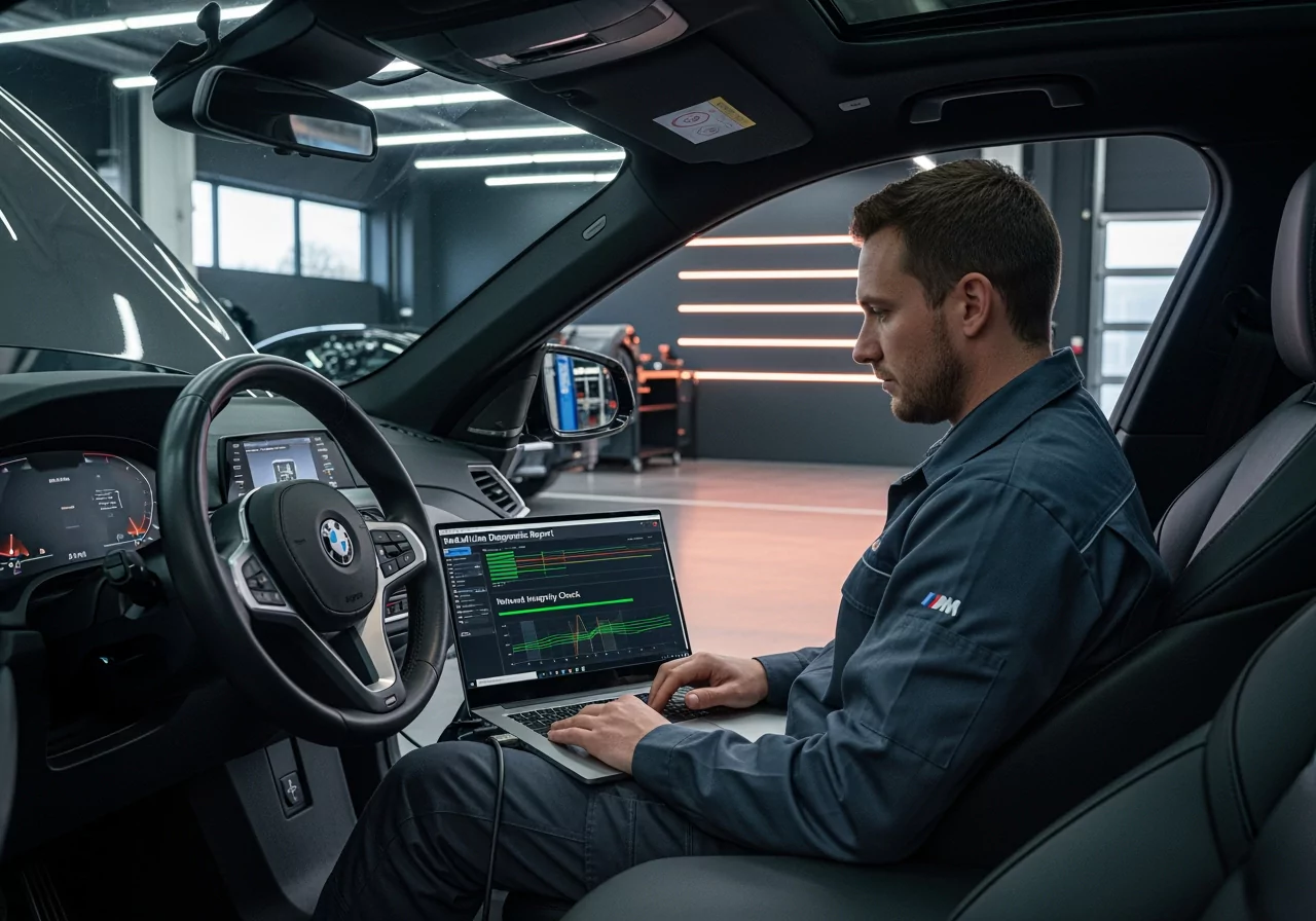 Mechanic performing car diagnostics with OBD scanner