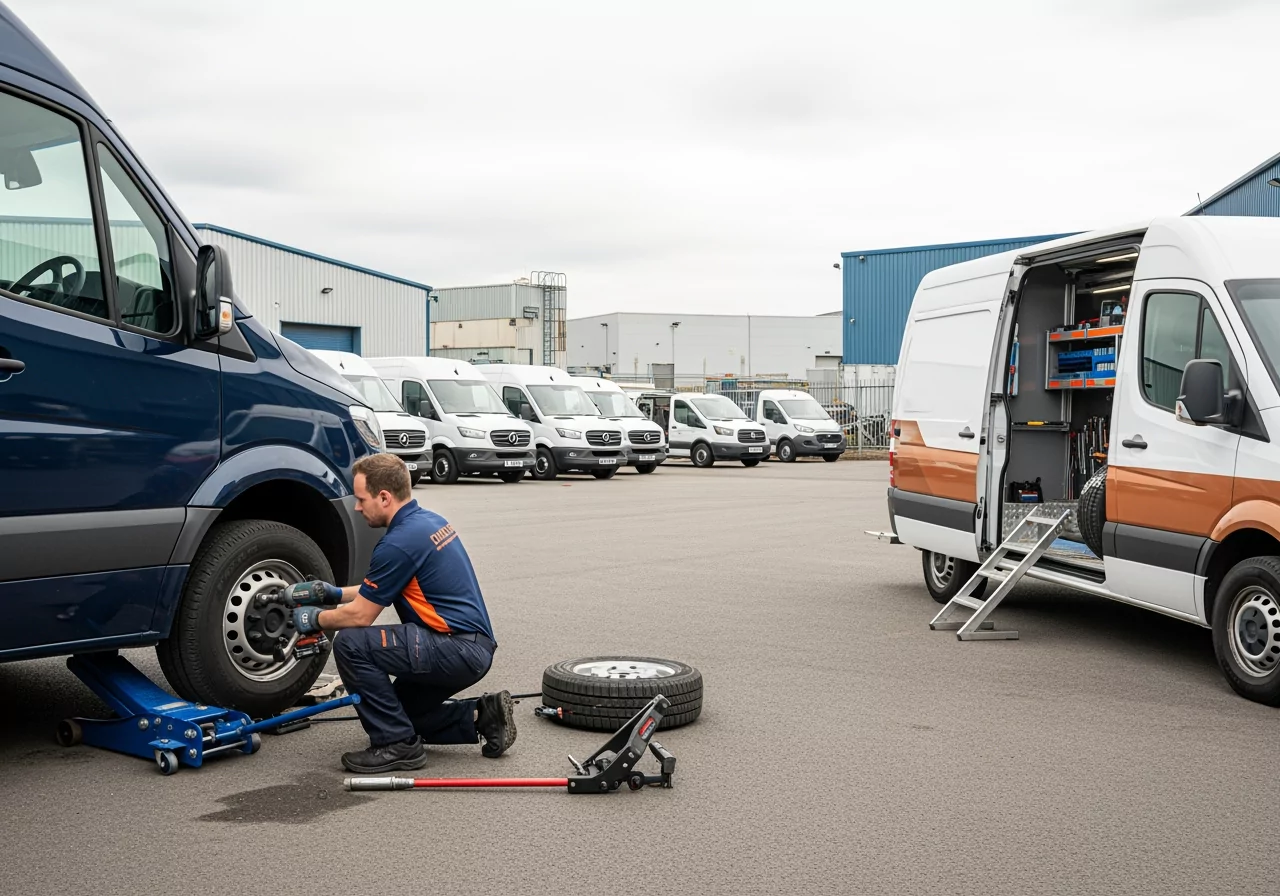 Commercial vehicle tyre fitting on van in car park