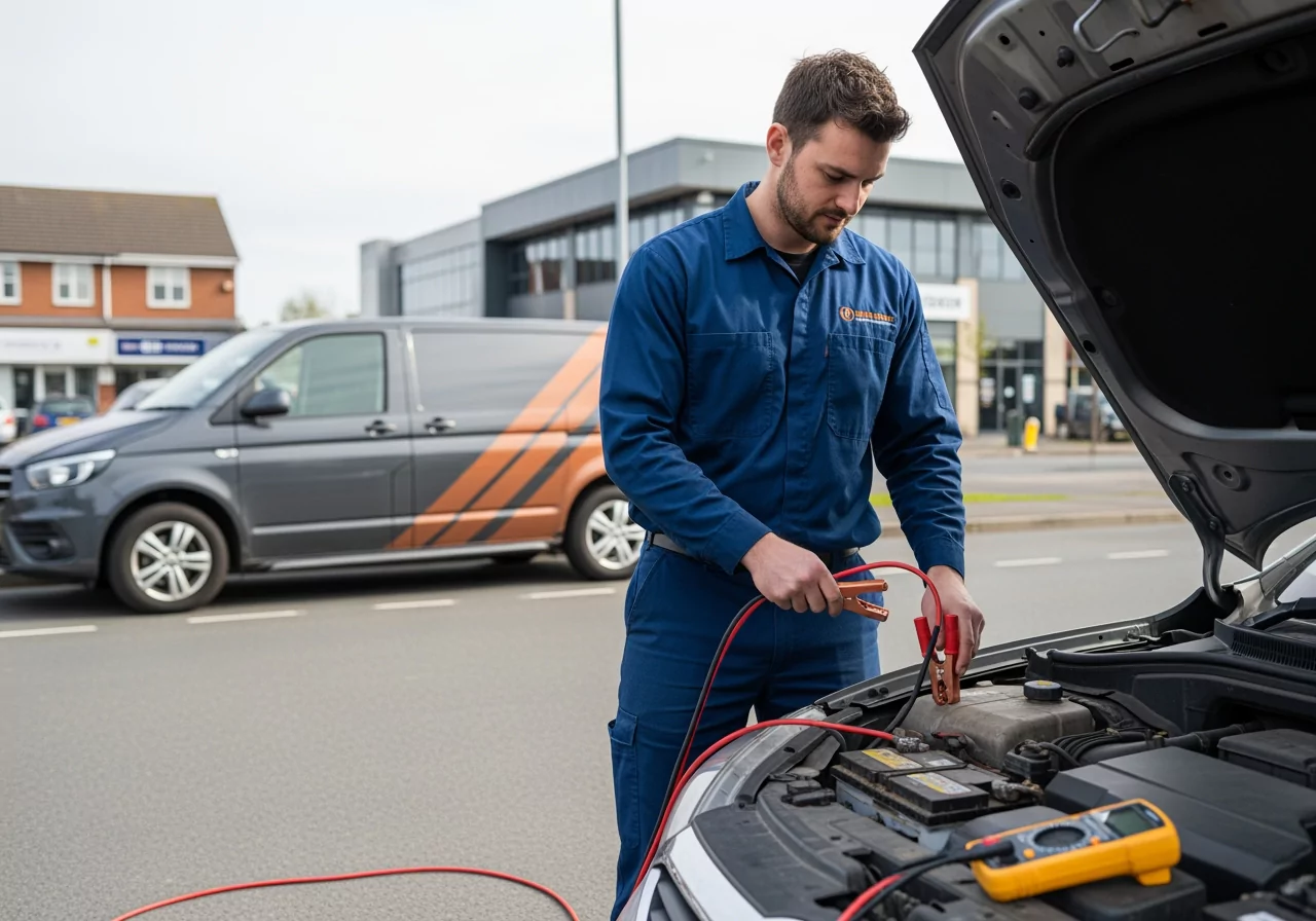 Technician providing mobile jump start assistance