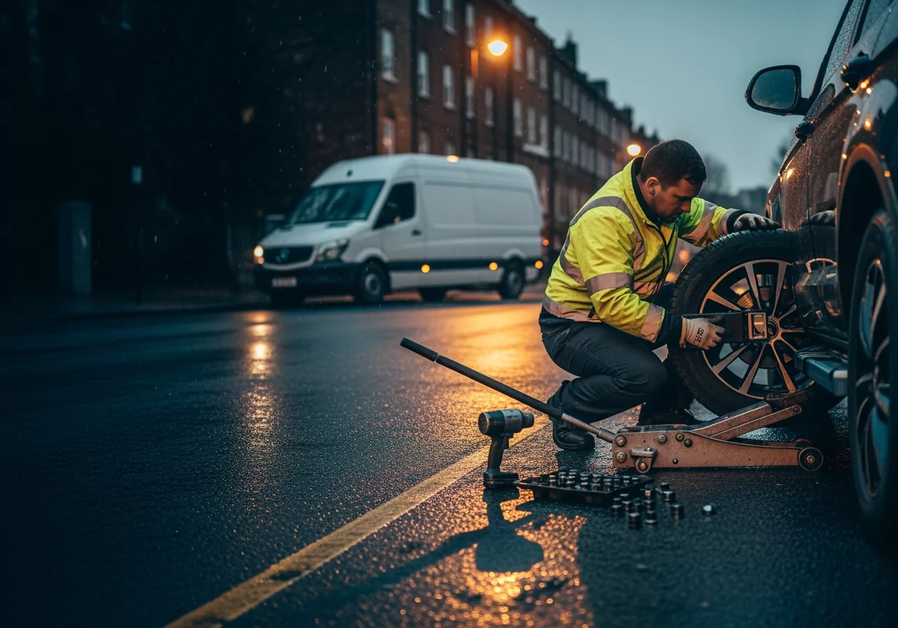 Puncture repair on wet London street at night