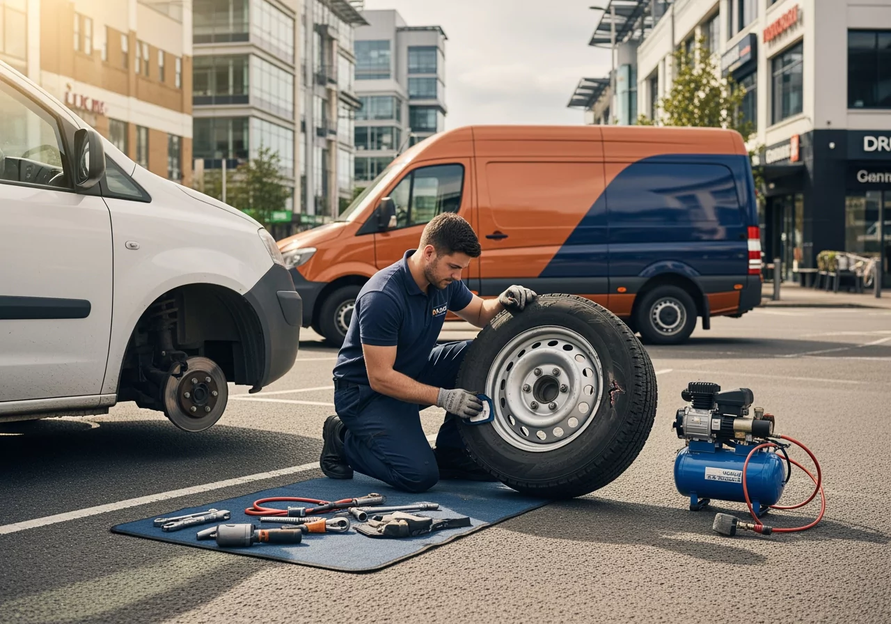 Close-up tyre repair with impact wrench and tools