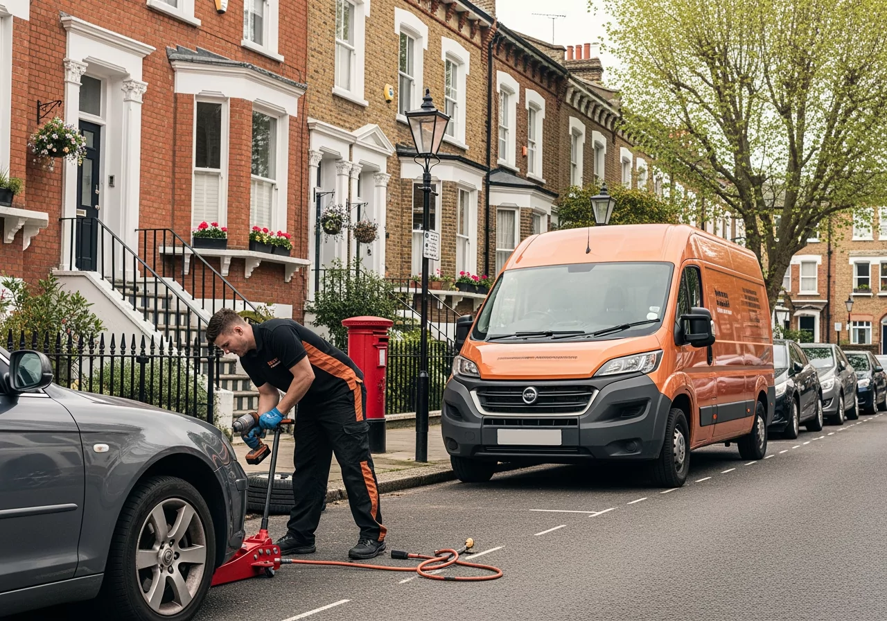Technician fitting tyre curbside with service van in London